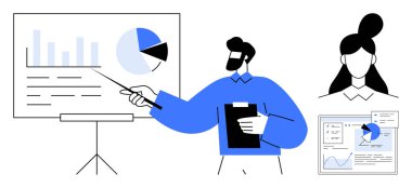 Sunucu, bir meslektaşı ve dijital analitik ekranın yanında pano tutarken bir tahtadaki bar ve turta grafiklerini açıklıyor. İş için ideal, takım çalışması, analitik, strateji, eğitim, eğitim