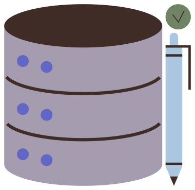 Silindirik veritabanı sunucusu. Kalem ve yeşil işaretli mavi noktalar. Veri güvenliği, veritabanı yönetimi, kayıt tutma, bilişim çözümleri, bilgi depolama, doğrulama ve uyum için ideal. A
