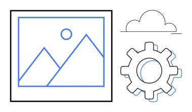 Medya düzenleme, bulut depolama ve yapılandırmayı temsil eden bir dağ resmi, bulut ve teçhizat içeren minimal sanat eserleri. Teknoloji, tasarım, organizasyon, takım çalışması bulut hesaplaması için ideal