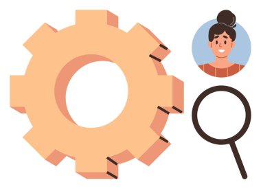 Kadın avatar portresi ve büyüteç yanında takım çalışmasını, analizi, optimizasyonu ve ilerlemeyi simgeliyor. İş için ideal, İK, yenilik, teknoloji, araştırma için basit