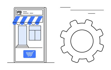 Çevrimiçi alışveriş, iş kurulumu, özel çözümler ve dijital yönetimi temsil eden akıllı telefon arayüzü ve vites simgesi. E-ticaret, perakende, başlangıç ve optimizasyon için ideal