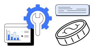 Analitik, finans, çözümler ve teknoloji kavramları için anahtar, veri göstergesi, bozuk para ve metin kutusu. İş için ideal, teknolojik finansman iyileştirme yenilik optimizasyonu basit