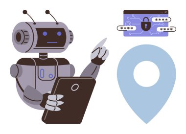 Robot bir tabletle etkileşime giriyor, şifre korumalı sistem kilit simgesi, konum kodu. Siber güvenlik, robot bilimi, yapay zeka, akıllı teknoloji, otomasyon navigasyon gizliliği için idealdir. Modern düz tasarım