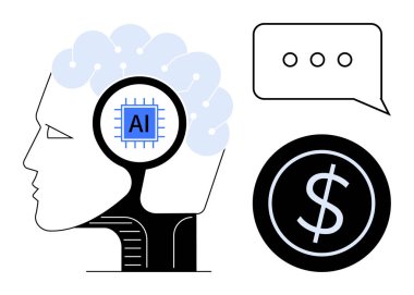 Baş silueti yapay zeka mikroçip beyni, sohbet balonu ve dolar parası. Yenilik, finans, teknoloji, iletişim, yapay zeka, iş stratejileri için idealdir. Basit düz metafor.