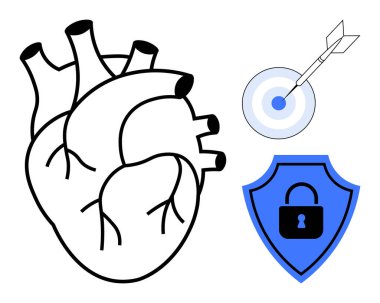 Anatomik kalp, güvenlik kalkanı, asma kilit ve oklu bir hedef içeriyor. Sağlık, güvenlik, kesinlik, hedefler, tıbbi güvenlik, kararlılık ve strateji kavramları için idealdir. Basit düz