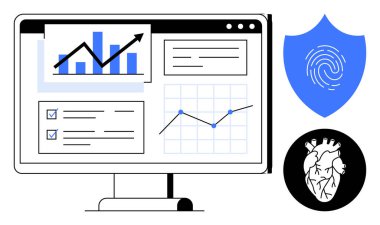 Analiz, çizelge ve kontrol listesini gösteren bilgisayar ekranı. Yakın parmak izi kalkanı ve kalp ikonu sağlık ve güvenliği vurguluyor. Teknoloji, sağlık, veri, güvenlik ve araştırma için ideal