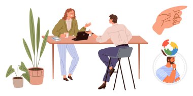 İki meslektaş bir masada dizüstü bilgisayar, bitkiler, işaret eden bir el ve bulmaca kavramlarıyla sohbet ediyorlar. İşbirliği, takım çalışması, ofis kültürü, beyin fırtınası, üretkenlik hedefi belirlemek için ideal