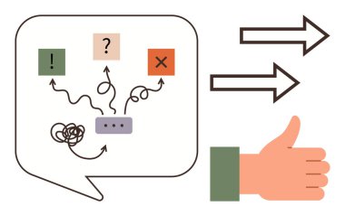 Karar yollarının olduğu konuşma balonu, simgeler, X, baş parmaklarla el, çift ok. Sorun çözme, karar verme, geri bildirim onaylama iletişimi için ideal bir ekip çalışması. Basit.
