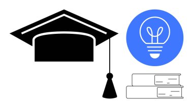 Tassel 'li mezuniyet şapkası, eğitim kitapları ve bilgiyi, öğrenmeyi, yaratıcılığı ve yeniliği simgeleyen bir ampul. Eğitim, ilham ve bilgi paylaşımı için ideal yaratıcılık akademisi