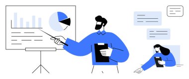 Profesyonel veri tablolarını bir işaretçiyle, notları tutan meslektaşlarıyla ve konuşma baloncuklarıyla sunuyor. Takım çalışması, analitik, eğitim, işbirliği, iş büyümesi, strateji sade iniş için ideal