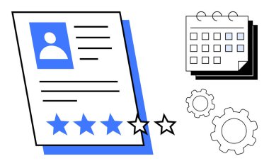 Derecelendirme yıldızları profili, takvim çizelgesi ve takım çalışmasını gösteren vitesler. İdeal İK süreçleri, yetenek yönetimi, proje değerlendirmesi, planlama, üretkenlik, işe alım basit iniş sayfası