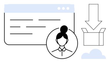 Profil simgesi ile dijital arayüz, kutuyu ve bulut ögesini gösteren oku indir. Kullanıcı profili, veri yüklemesi, bulut bilgisayarı, yazılım, depolama çevrimiçi hizmetler takım çalışması için ideal. Basit.