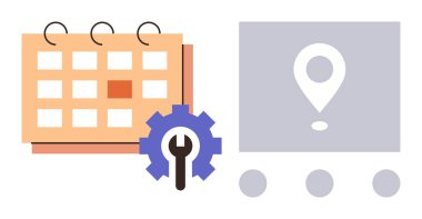 Çark ve ingiliz anahtarıyla takvim, arayüz elemanlarının üzerinde konum pimi. Planlama, programlama, seyrüsefer, bakım, hizmetler, iş akışı yönetimi için ideal. Temiz, düz metafor