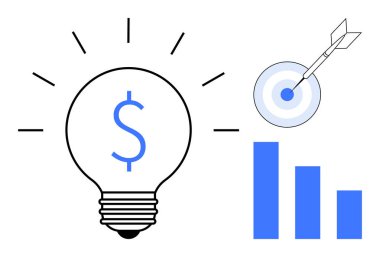 Dolar işaretli ampul, oklu hedef ve başarıyı, yeniliği ve ilerlemeyi temsil eden ölçü grafiği. Finans, strateji, hedefler, yatırım pazarlama analitiği karar verme süreci için ideal
