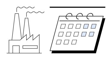 Bacaları duman çıkaran bir fabrika binası ve işaretli günleri olan bir takvim. Üretim planlaması, iş akışı yönetimi, zaman çizelgeleri, teslim tarihleri, endüstriyel programlama, strateji için ideal