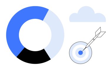 Mavi ve siyah bölümlü daire çizelge, hedefe isabet eden ok, bulut sembolü. Veri içgörüleri, hedefler, strateji, odaklanma, başarı, planlama için ideal basit düz metafor