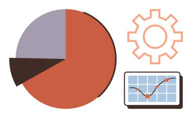 Ayrı bölümleri olan turta tablosu, analitik noktaları olan bir eğilim tablosu ve süreç için vites sembolü. İş için ideal, analitik, veri görselleştirme, strateji, iş akışı planlama takım çalışması. A