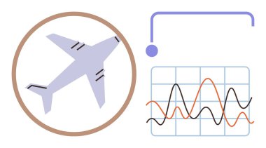Dairesel bir çerçeve içinde, uçuş verilerini ve analizlerini aktaran dinamik bir çizginin yanında bir uçak. Havacılık, veri analizi, seyahat içgörüleri, lojistik, makine öğrenimi ve yenilik için ideal