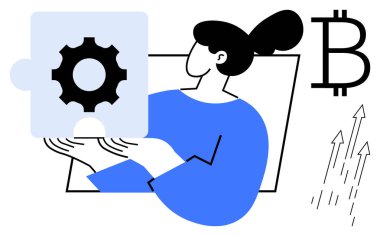 Elinde teknoloji ve çözümleri, Bitcoin işaretini ve yükselen okları sembolize eden bir yapboz parçası tutan kadın. Kripto para birimi, engelleme zinciri, yenilik, fintech, büyüme, problem çözme dijital için ideal