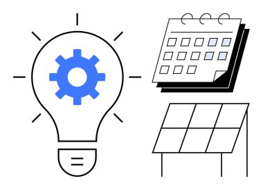 Teçhizatlı ampul yeniliği simgeliyor, planlama takvimi yenilenebilir enerjiyi temsil eden güneş paneli. Teknoloji, sürdürülebilirlik, yenilik, enerji verimliliği, proje yönetimi için ideal