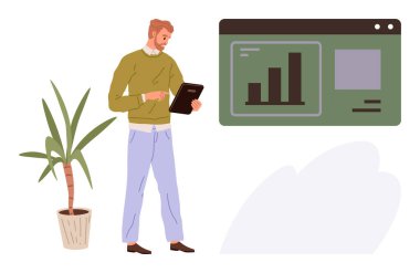 Tabletli genç adam baro grafik etkileşimli gösterge panelini inceliyor. Analiz için ideal, veri görselleştirme, iş büyümesi, strateji, profesyonel analiz, dijital araçlar, basit düz metafor