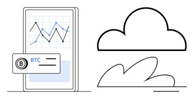 Çok az bulut grafiğinin yanında kripto para birimi şeması ve BTC kartı olan akıllı telefon. Teknoloji, kripto para birimi, finans, veri analizi, bulut depolama, mobil uygulamalar ve yenilik için ideal. Basit düz