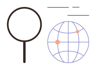 Veri noktaları olan bir küreye yakın büyüteç, analiz, araştırma, keşif, bağlantı. Teknoloji, eğitim, bilim dünyasının küreselleşmesi için ideal. Basit düz