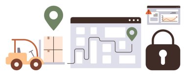 Forklift taşıma paketi, teslimat güzergahı, konum pimleri, asma kilit ve alarm paneli olan harita. Lojistik, ulaşım, dağıtım, güvenlik, teknoloji veri takibi için ideal