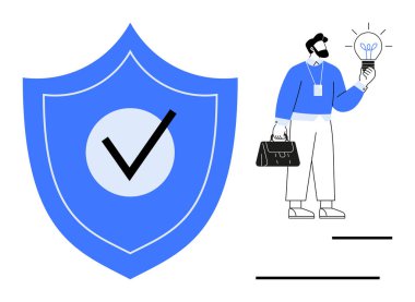 Elinde parlak bir ampul tutan iş adamı fikirleri ve yenilikleri sembolize eden güvenlik işaretli büyük kalkanın yanında duruyor. Güven, güvenlik, yaratıcılık, problem çözme, iş için ideal