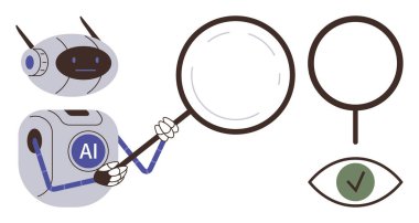 Robot, yapay zekanın elinde bir büyüteç tutarak bir göz ve işaretin yanındaki nesneleri inceliyor. Teknoloji, analiz, doğrulama, yapay zeka, problem çözme, araştırma, doğruluk için ideal