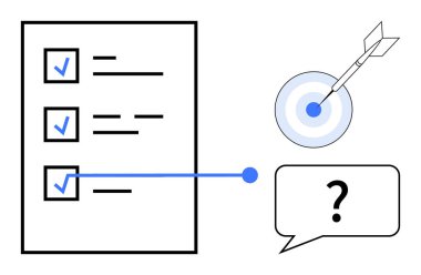 Tamamlanmış görevleri olan kontrol listesi, hedef tahtasında ok olan bir hedef ve karar verme balonu. Üretkenlik, hedef belirleme, odaklanma, strateji, öncelik verme ve karar verme için ideal