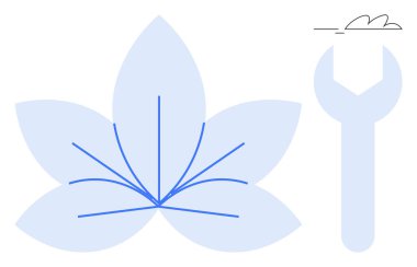 Nilüfer yaprağının yanında stilize ingiliz anahtarı ve dışa doğru uzanan radyal çizgiler. Sürdürülebilirlik, onarım, eko-yenilik, araçlar, çevresel bakım, büyüme ve denge için idealdir. Basit bir daire.