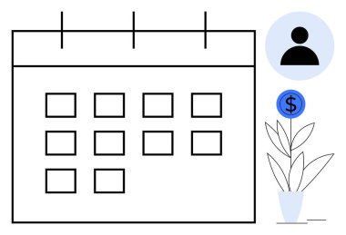 İşaretleme kutusu yerleşimi, kullanıcı profili simgesi ve bozuk para filizlendiren bir takvim ızgarası. Zaman yönetimi, finansal planlama, büyüme, üretkenlik, zamanlama, organizasyon için ideal düz metafor