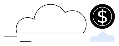 Bir dolar bozuk parayla bir bulutun taslağı dijital ekonomi, finans ve teknoloji birleşmesini sembolize ediyor. Bulut depolama, iş stratejisi, veri güvenliği, mali yönetim için ideal