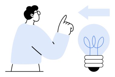 Parlayan bir ampul ve okun yanında parmağını kaldıran biri. Yaratıcılık, yenilik, fikirler, yön, takım çalışması, vizyon, problem çözme için idealdir. Temiz ve basit düz metafor