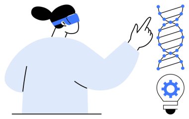 VR kulaklık takan kişi DNA sarmalı ve yenilikçi fikirlerle meşgul oluyor. Teknoloji, bilim, genetik, biyoteknoloji, yenilik, sanal öğrenme, araştırma için idealdir. Modern, düz bir metafor.