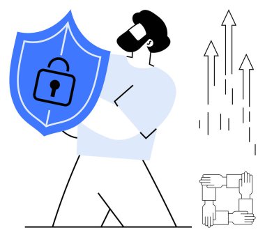 Erkek figürü, asma kilit, büyüyen oklar ve takım çalışması elleriyle kalkanı tutuyor. Güvenlik, işbirliği, büyüme, koruma, güven takım çalışması ve başarı için ideal. Temiz ve basit düz metafor