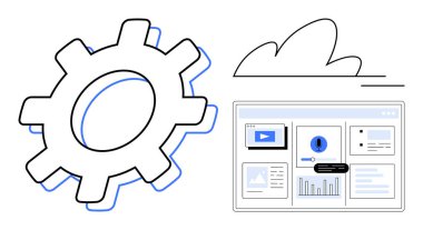 Bir bulut ve web arayüzünün yanında dişli çarkı çizelgeler, medya ve uyarıları gösteriyor. Teknoloji, bulut hesaplama, otomasyon, optimizasyon, süreç yönetimi, yazılım geliştirme için ideal düz