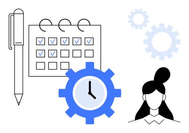 İşaretli görevleri olan kalem, kontrol listesi takvimi, içerideki saat, siluet, soyut vitesler. Üretkenlik, planlama, teslim tarihi, organizasyon takım çalışması iş akışı zamana bağlı basit daire