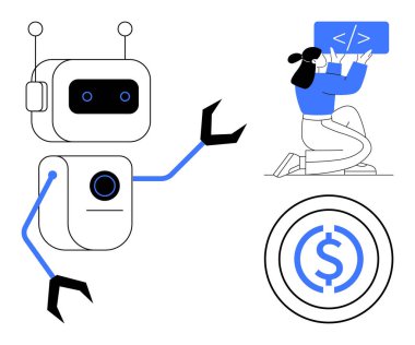 Mekanik kolları olan bir robot, kod üzerinde çalışan bir programcı ve maddi büyümeyi temsil eden bir para. Teknoloji, kodlama, otomasyon, yenilik, yapay zeka, fintech takım çalışması için ideal basit iniş sayfası
