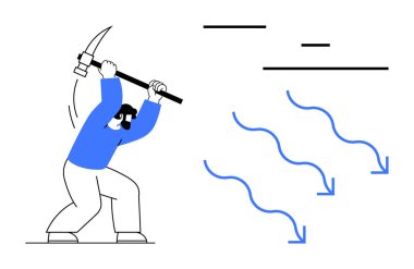 Engelleri aşmak için kazma kullanan kişi, ilerlemeyi ve hareketi simgeleyen ok ve dalgalarla. Takım çalışması, büyüme, kararlılık, problem çözme, yenilik, esneklik, basit iniş için ideal