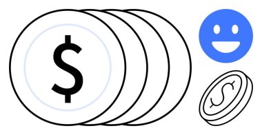 Dolar işaretli bozuk paralar, mavi bir gülen yüz ve eğik para simgesi. Finans, işletme, tasarruf, yatırım, para birimi, ekonomik büyüme için ideal