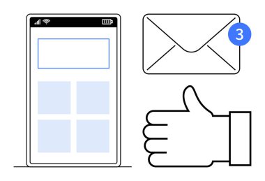 Uygulama arayüzlü akıllı telefon ekranı, bildirim rozetli mesaj simgesi ve geri bildirim için başparmak işareti. Dijital iletişim, uygulama tasarımı, e-posta pazarlaması, üretkenlik, bildirim için ideal