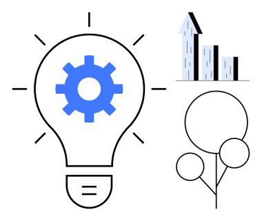 Yeniliği temsil eden teçhizatlı ampul, büyümeyi sembolize eden bar çizelgesi ve soyut ağaç. Yaratıcılık için ideal, iş stratejisi, teknoloji, ilerleme, gelişme, yenilik için basit iniş