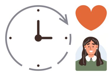 Zamanı simgeleyen oklu bir saat, ilgiyi simgeleyen kırmızı kalp, kişisel tatmin için gülümseyen kadın. Zaman, denge, verimlilik, öncelikler, kişisel bakım ilişkileri için ideal. Basit düz