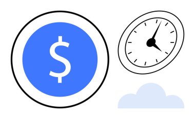 Dolar parası, siyah elli analog saat ve basit bulut şekli. Finans, zaman yönetimi, verimlilik, iş stratejisi, motivasyon ve tasarruflar için ideal. Basit düz metafor