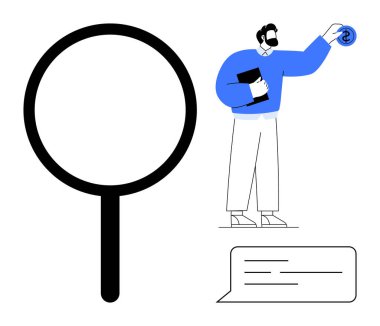 Dolar işaretini inceleyen bir işadamı, yanında bir büyüteç ve konuşma baloncuğuyla birlikte belgelerle birlikte. Finans, karar verme, para yönetimi, iş stratejisi, danışmanlık, analiz için ideal