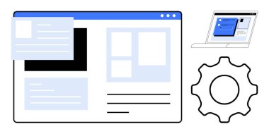 Metin ve resim modülleriyle web sitesi düzeni, UI ekranını gösteren dizüstü bilgisayar, ayarları belirten dişli ögesi. Web geliştirme, UIUX, özelleştirme, teknoloji, yazılım, mühendislik takım çalışması için ideal