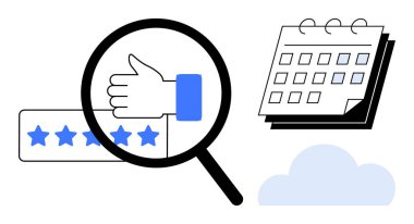 Büyüteç, bir takvim ve bulutla eşleştirilmiş, beş yıldızlı bir reytingin altını çiziyor. Geri bildirim, programlama, değerlendirmeler, planlama, üretkenlik, analiz ve değerlendirme için ideal. Basit düz
