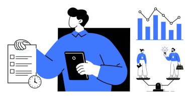 Tablet ve kontrol listesiyle birlikte saat sembolü, bar çizelgesi, ölçekli insanlar, fikir ampulü. Üretkenlik, zaman yönetimi, veri analizi, karar verme mekanizması, takım çalışması dengesi için ideal